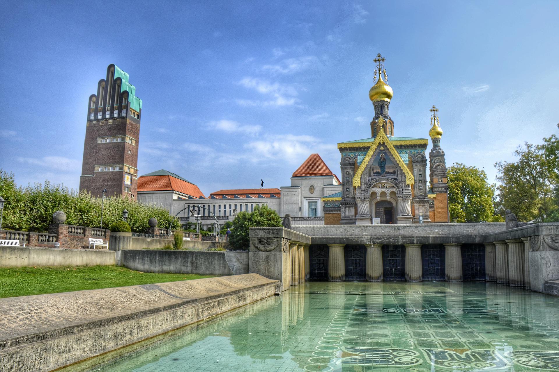 Mathildenhöhe in Darmstadt with the Wedding Tower and the Russian Chapel